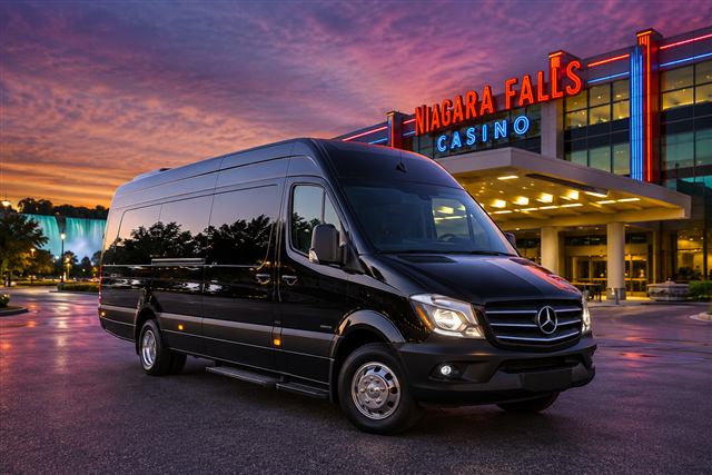 Black 14 passenger Mercedes Sprinter van outside the Niagara Falls casino at dusk