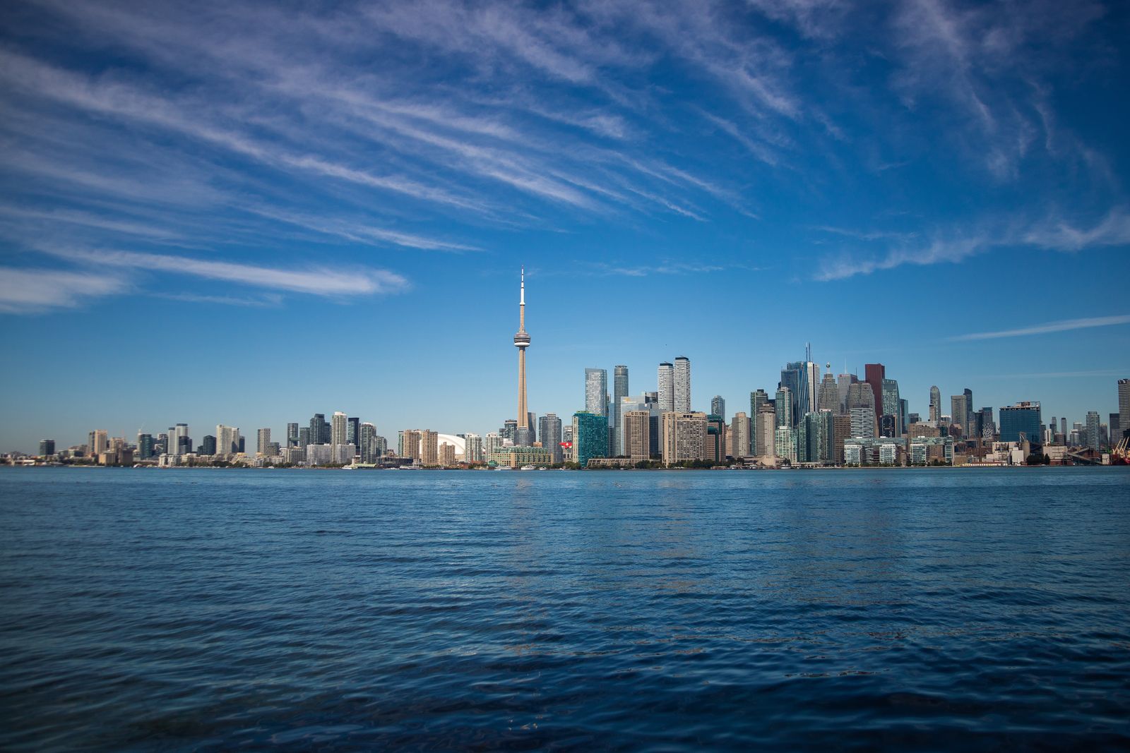 Toronto skyline with the CN Tower seen across the water on a clear day